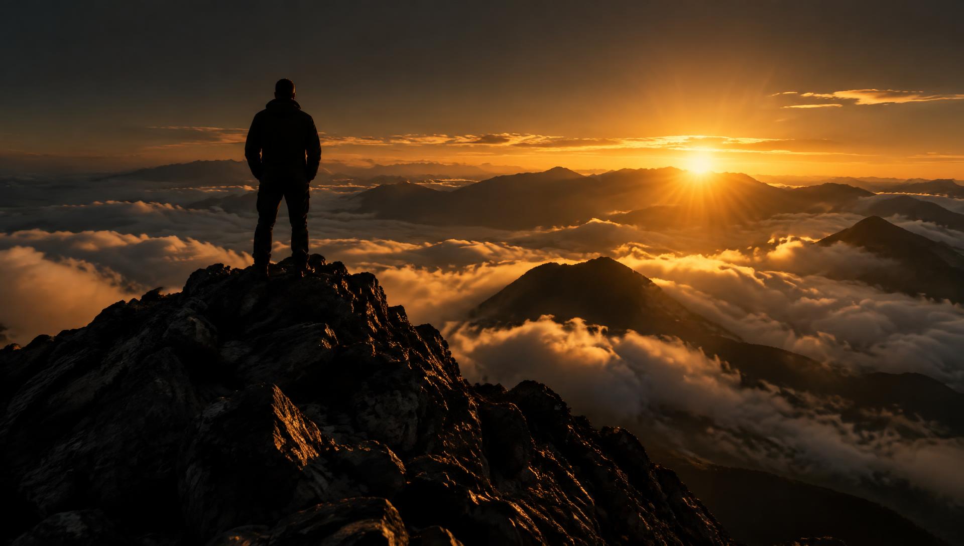 Lone trader standing on a mountain summit at sunrise above a sea of clouds